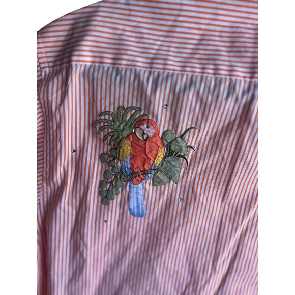 Mili Designs Women’s Button Up Shirt Orange Striped Parrots Appliqué Jewel LARGE - Picture 9 of 11